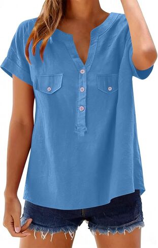 Womens Cotton Linen Shirts V Neck Short Sleeve Blouses Loose Collared Button Down Shirt Casual Comfort Work Tops in Saudi Arabia