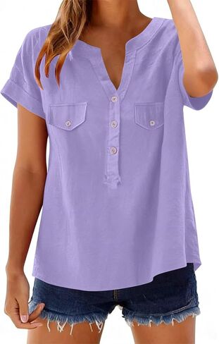 Womens Cotton Linen Shirts V Neck Short Sleeve Blouses Loose Collared Button Down Shirt Casual Comfort Work Tops in Saudi Arabia