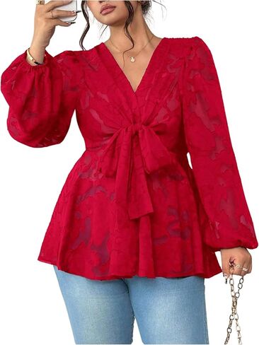 Floerns Women's Fall Plus Size Floral Lace Lantern Sleeve Wrap Blouse V Neck Flared Hem Tie Front Peplum Y2K Tops in Saudi Arabia