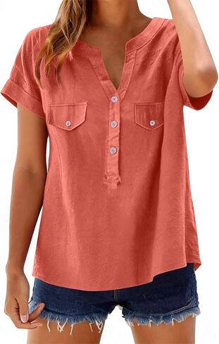 Womens Cotton Linen Shirts V Neck Short Sleeve Blouses Loose Collared Button Down Shirt Casual Comfort Work Tops in Saudi Arabia
