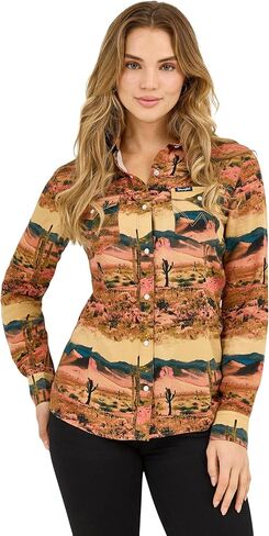 WRANGLER Desert Tan المرأة طباعة الصحراء بياقة طويلة الأكمام الغربية المفاجئة الأعلى 112371687 in Kuwait