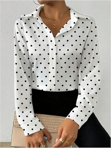 Milumia Women's Polka Dots Print Long Sleeve Button Down Shirt Single Breasted Dressy Work Blouses in Saudi Arabia