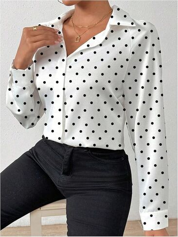 Milumia Women's Polka Dots Print Long Sleeve Button Down Shirt Single Breasted Dressy Work Blouses in Saudi Arabia