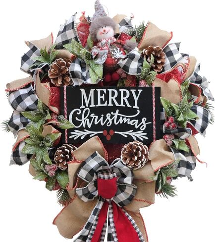 TEMPUS 18 Inch Winter Wreath for Front Door Black White Grid Mesh Decorative Wooden Board, Christmas Snowman for Christmas Decorations Artificial Door Wreath Hanging Ornament in Saudi Arabia