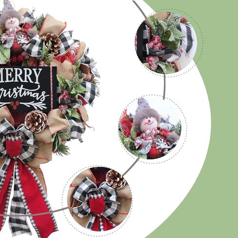 TEMPUS 18 Inch Winter Wreath for Front Door Black White Grid Mesh Decorative Wooden Board, Christmas Snowman for Christmas Decorations Artificial Door Wreath Hanging Ornament in Saudi Arabia