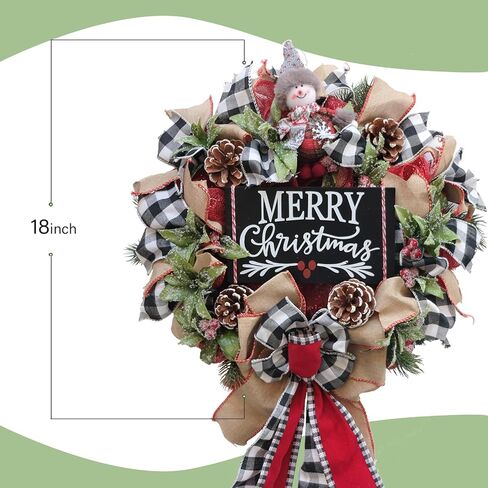 TEMPUS 18 Inch Winter Wreath for Front Door Black White Grid Mesh Decorative Wooden Board, Christmas Snowman for Christmas Decorations Artificial Door Wreath Hanging Ornament in Saudi Arabia
