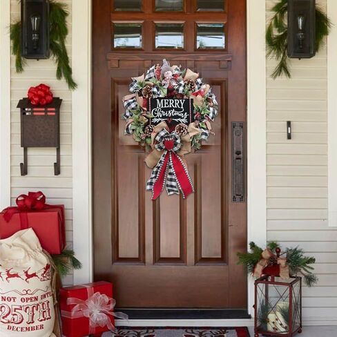 TEMPUS 18 Inch Winter Wreath for Front Door Black White Grid Mesh Decorative Wooden Board, Christmas Snowman for Christmas Decorations Artificial Door Wreath Hanging Ornament in Saudi Arabia