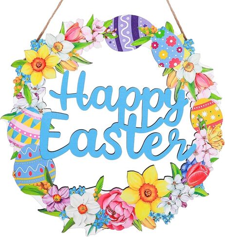 Easter Door Decorations Wooden Spring Flower Egg Wreath for Front Door Happy Easter Wall Window Hanger Indoor Outdoor Home Spring Hanging Decor in Saudi Arabia