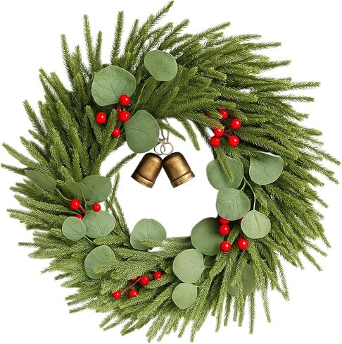 21" Christmas Wreath for Front Door – Lifelike Artificial Pine with Red Berries & Bells – Waterproof Holiday Decor for Indoor Outdoor Use in Saudi Arabia