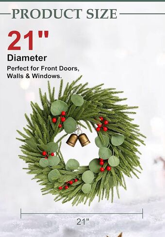 21" Christmas Wreath for Front Door – Lifelike Artificial Pine with Red Berries & Bells – Waterproof Holiday Decor for Indoor Outdoor Use in Saudi Arabia