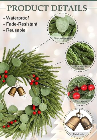 21" Christmas Wreath for Front Door – Lifelike Artificial Pine with Red Berries & Bells – Waterproof Holiday Decor for Indoor Outdoor Use in Saudi Arabia
