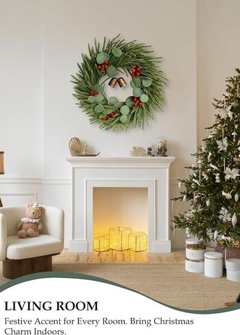 21" Christmas Wreath for Front Door – Lifelike Artificial Pine with Red Berries & Bells – Waterproof Holiday Decor for Indoor Outdoor Use in Saudi Arabia