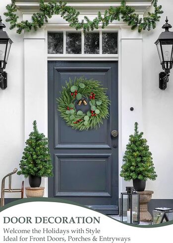 21" Christmas Wreath for Front Door – Lifelike Artificial Pine with Red Berries & Bells – Waterproof Holiday Decor for Indoor Outdoor Use in Saudi Arabia