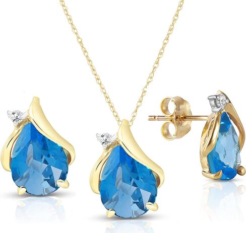 Galaxy Gold GG 14k Yellow Gold Teardrop Blue Topaz with Diamond Accent Necklace and Earring Set in Saudi Arabia