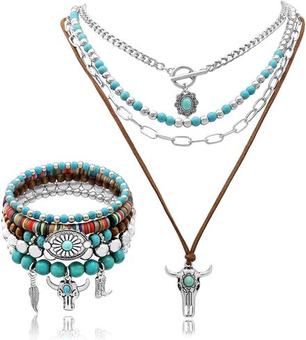2 Pcs Multi-Layered Western Necklaces Bracelets Jewelry for Women Turquoise Beaded Concho Choker Ox-Head Pendant Necklace Stacked Cowgirl Bracelets Cowboy Chic Country Concert Outfits in Saudi Arabia