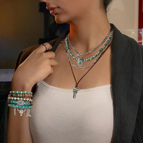 2 Pcs Multi-Layered Western Necklaces Bracelets Jewelry for Women Turquoise Beaded Concho Choker Ox-Head Pendant Necklace Stacked Cowgirl Bracelets Cowboy Chic Country Concert Outfits in Saudi Arabia