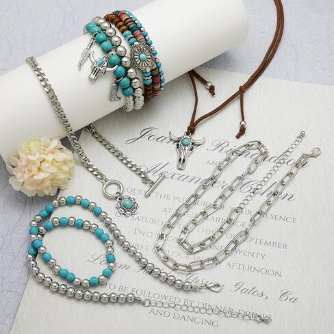 2 Pcs Multi-Layered Western Necklaces Bracelets Jewelry for Women Turquoise Beaded Concho Choker Ox-Head Pendant Necklace Stacked Cowgirl Bracelets Cowboy Chic Country Concert Outfits in Saudi Arabia