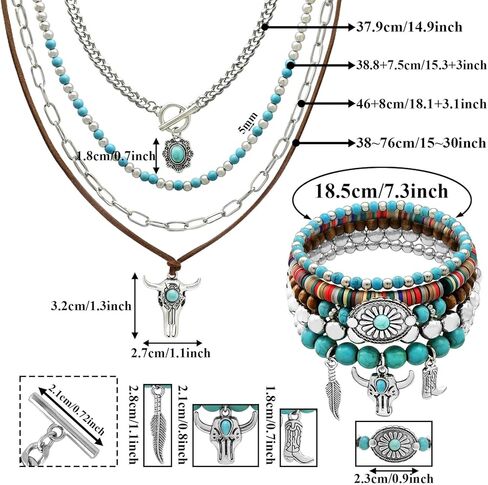 2 Pcs Multi-Layered Western Necklaces Bracelets Jewelry for Women Turquoise Beaded Concho Choker Ox-Head Pendant Necklace Stacked Cowgirl Bracelets Cowboy Chic Country Concert Outfits in Saudi Arabia