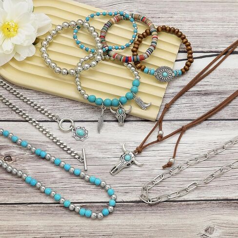 2 Pcs Multi-Layered Western Necklaces Bracelets Jewelry for Women Turquoise Beaded Concho Choker Ox-Head Pendant Necklace Stacked Cowgirl Bracelets Cowboy Chic Country Concert Outfits in Saudi Arabia