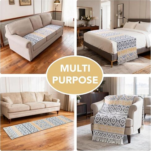 H.VERSAILTEX Boho Couch Cover Accent Chair Covers with Arms 2 Piece Slipcover Geometric Print Dog Cover for Couch Non-Slip Couch Cover Blanket Hand-woven Style with Tassels(2 Pack 24"×63",Grey/Yellow) in Saudi Arabia