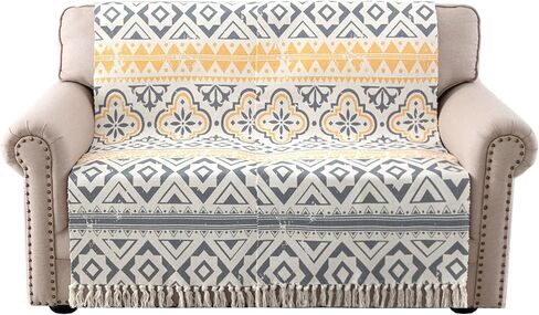H.VERSAILTEX Boho Couch Cover Accent Chair Covers with Arms 2 Piece Slipcover Geometric Print Dog Cover for Couch Non-Slip Couch Cover Blanket Hand-woven Style with Tassels(2 Pack 24"×63",Grey/Yellow) in Saudi Arabia