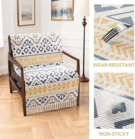 H.VERSAILTEX Boho Couch Cover Accent Chair Covers with Arms 2 Piece Slipcover Geometric Print Dog Cover for Couch Non-Slip Couch Cover Blanket Hand-woven Style with Tassels(2 Pack 24"×63",Grey/Yellow) in Saudi Arabia