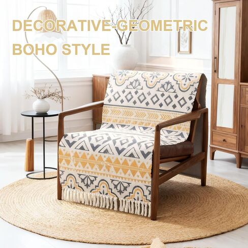 H.VERSAILTEX Boho Couch Cover Accent Chair Covers with Arms 2 Piece Slipcover Geometric Print Dog Cover for Couch Non-Slip Couch Cover Blanket Hand-woven Style with Tassels(2 Pack 24"×63",Grey/Yellow) in Saudi Arabia