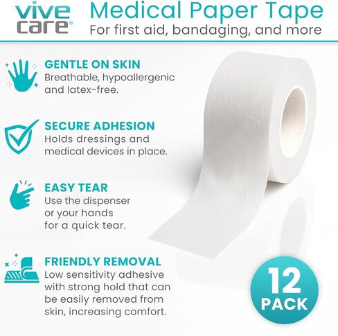 Vivecare Medical Paper Tape - Hypoallergenic Surgical Tape for Wound Care - Breathable, Gentle & Latex-Free First Aid Tape - Easy-to-Tear Adhesive Tape for Sensitive Skin, Bandages & Gauze (1''x10yd) in Saudi Arabia
