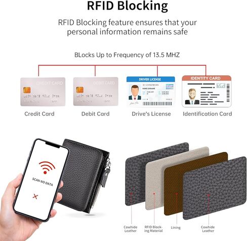 محفظة صغيرة للنساء من الجلد الناعم حامل بطاقات RFID مع جيب بسحاب ومحفظة ثنائية الطي، أسود in Saudi Arabia