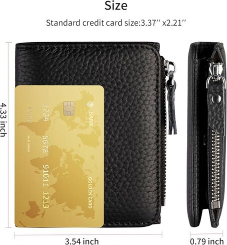 محفظة صغيرة للنساء من الجلد الناعم حامل بطاقات RFID مع جيب بسحاب ومحفظة ثنائية الطي، أسود in Saudi Arabia