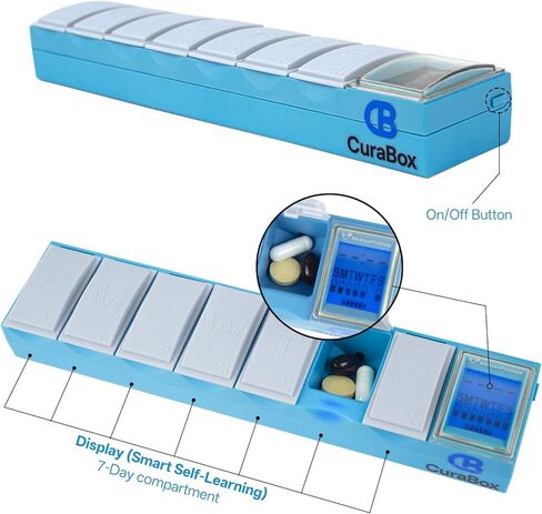 Pill Dispenser with Alarm Medication Alert Smart Pill Organizer with Alarm 7-Day Weekly Case with Auto-Learning Habit Sensor, LCD Status Icons, Rechargeable, Portable in Saudi Arabia