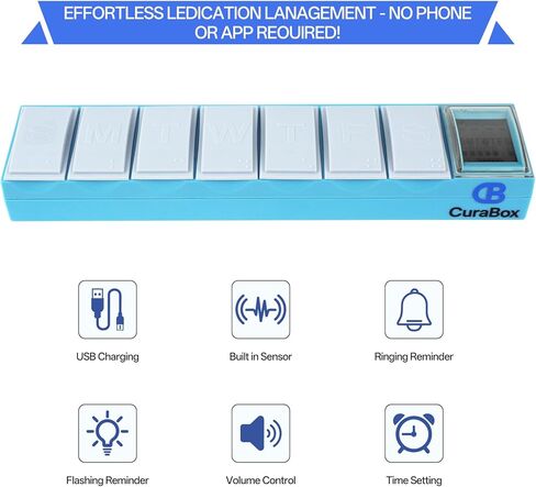 Pill Dispenser with Alarm Medication Alert Smart Pill Organizer with Alarm 7-Day Weekly Case with Auto-Learning Habit Sensor, LCD Status Icons, Rechargeable, Portable in Saudi Arabia
