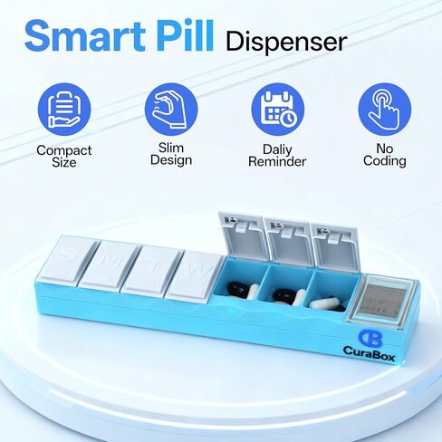 Pill Dispenser with Alarm Medication Alert Smart Pill Organizer with Alarm 7-Day Weekly Case with Auto-Learning Habit Sensor, LCD Status Icons, Rechargeable, Portable in Saudi Arabia