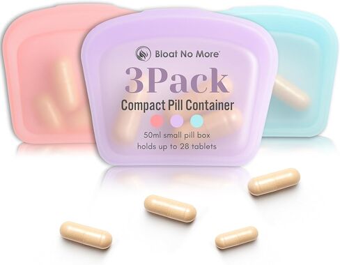 صناديق حبوب صغيرة - مجموعة من 3 عبوات صغيرة لحبوب الدواء، أكياس حبوب دواء سيليكون قابلة لإعادة الاستخدام للسفر، حقيبة فيتامين محمولة ومنظم سفر طبي - صندوق حبوب للمحفظة (وردي، أرجواني، أزرق) in Kuwait