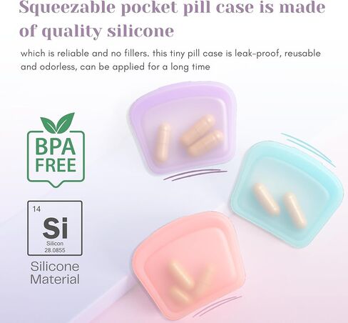 صناديق حبوب صغيرة - مجموعة من 3 عبوات صغيرة لحبوب الدواء، أكياس حبوب دواء سيليكون قابلة لإعادة الاستخدام للسفر، حقيبة فيتامين محمولة ومنظم سفر طبي - صندوق حبوب للمحفظة (وردي، أرجواني، أزرق) in Kuwait
