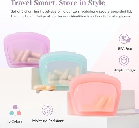 صناديق حبوب صغيرة - مجموعة من 3 عبوات صغيرة لحبوب الدواء، أكياس حبوب دواء سيليكون قابلة لإعادة الاستخدام للسفر، حقيبة فيتامين محمولة ومنظم سفر طبي - صندوق حبوب للمحفظة (وردي، أرجواني، أزرق) in Kuwait