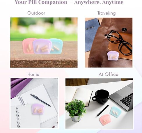 صناديق حبوب صغيرة - مجموعة من 3 عبوات صغيرة لحبوب الدواء، أكياس حبوب دواء سيليكون قابلة لإعادة الاستخدام للسفر، حقيبة فيتامين محمولة ومنظم سفر طبي - صندوق حبوب للمحفظة (وردي، أرجواني، أزرق) in Kuwait