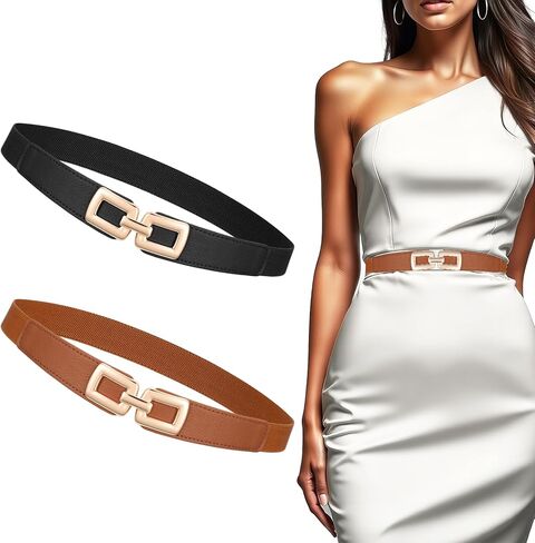 2 Pack Skinny Elastic Waist Belt Gold Metal Buckle Stretchy Thin Belt Retro Stretchy Belts for Women Jeans Dresses in Saudi Arabia
