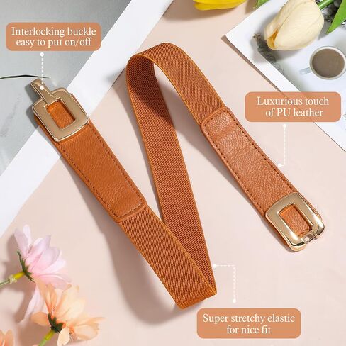 2 Pack Skinny Elastic Waist Belt Gold Metal Buckle Stretchy Thin Belt Retro Stretchy Belts for Women Jeans Dresses in Saudi Arabia