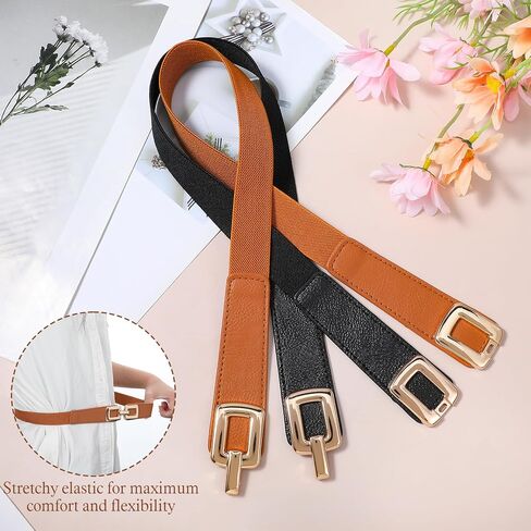 2 Pack Skinny Elastic Waist Belt Gold Metal Buckle Stretchy Thin Belt Retro Stretchy Belts for Women Jeans Dresses in Saudi Arabia