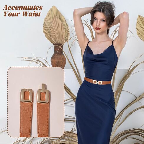 2 Pack Skinny Elastic Waist Belt Gold Metal Buckle Stretchy Thin Belt Retro Stretchy Belts for Women Jeans Dresses in Saudi Arabia