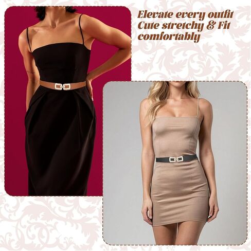 2 Pack Skinny Elastic Waist Belt Gold Metal Buckle Stretchy Thin Belt Retro Stretchy Belts for Women Jeans Dresses in Saudi Arabia