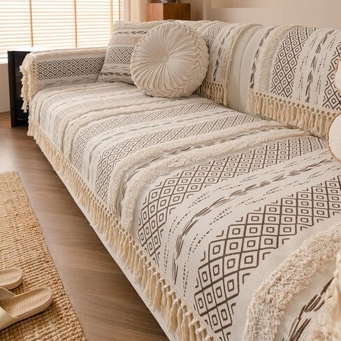 vctops Boho Cotton Linen Sofa Cover with Handmade Tassels Farmhouse Rustic Thick Tufted Setcional Couch Covers Non-Slip Soft Sofa Slipcover Washable Furniture Protector (Pattern B,36"x70") in Saudi Arabia
