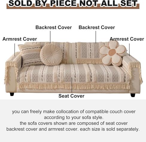 vctops Boho Cotton Linen Sofa Cover with Handmade Tassels Farmhouse Rustic Thick Tufted Setcional Couch Covers Non-Slip Soft Sofa Slipcover Washable Furniture Protector (Pattern B,36"x70") in Saudi Arabia
