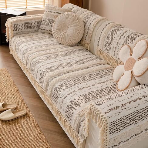 vctops Boho Cotton Linen Sofa Cover with Handmade Tassels Farmhouse Rustic Thick Tufted Setcional Couch Covers Non-Slip Soft Sofa Slipcover Washable Furniture Protector (Pattern B,36"x70") in Saudi Arabia