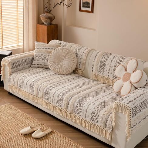 vctops Boho Cotton Linen Sofa Cover with Handmade Tassels Farmhouse Rustic Thick Tufted Setcional Couch Covers Non-Slip Soft Sofa Slipcover Washable Furniture Protector (Pattern B,36"x70") in Saudi Arabia