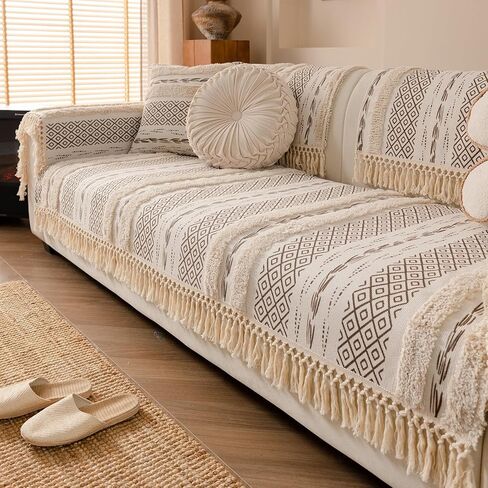 vctops Boho Cotton Linen Sofa Cover with Handmade Tassels Farmhouse Rustic Thick Tufted Setcional Couch Covers Non-Slip Soft Sofa Slipcover Washable Furniture Protector (Pattern B,36"x70") in Saudi Arabia