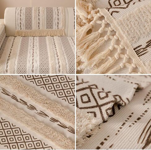 vctops Boho Cotton Linen Sofa Cover with Handmade Tassels Farmhouse Rustic Thick Tufted Setcional Couch Covers Non-Slip Soft Sofa Slipcover Washable Furniture Protector (Pattern B,36"x70") in Saudi Arabia