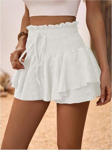 Floerns Women's Summer Mini Skorts Tie Front High Waist Smocked Ruffle Hem Cute Skirt Shorts in Saudi Arabia