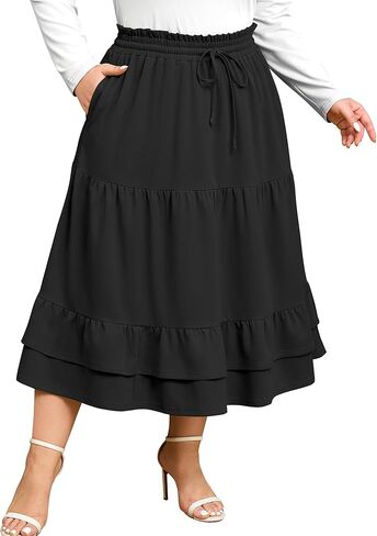 Women's Plus Size Midi Skirt Ruffle Tiered Skirts Midi Length Casual Flowy A Line Fall Skirt with Pockets in Saudi Arabia